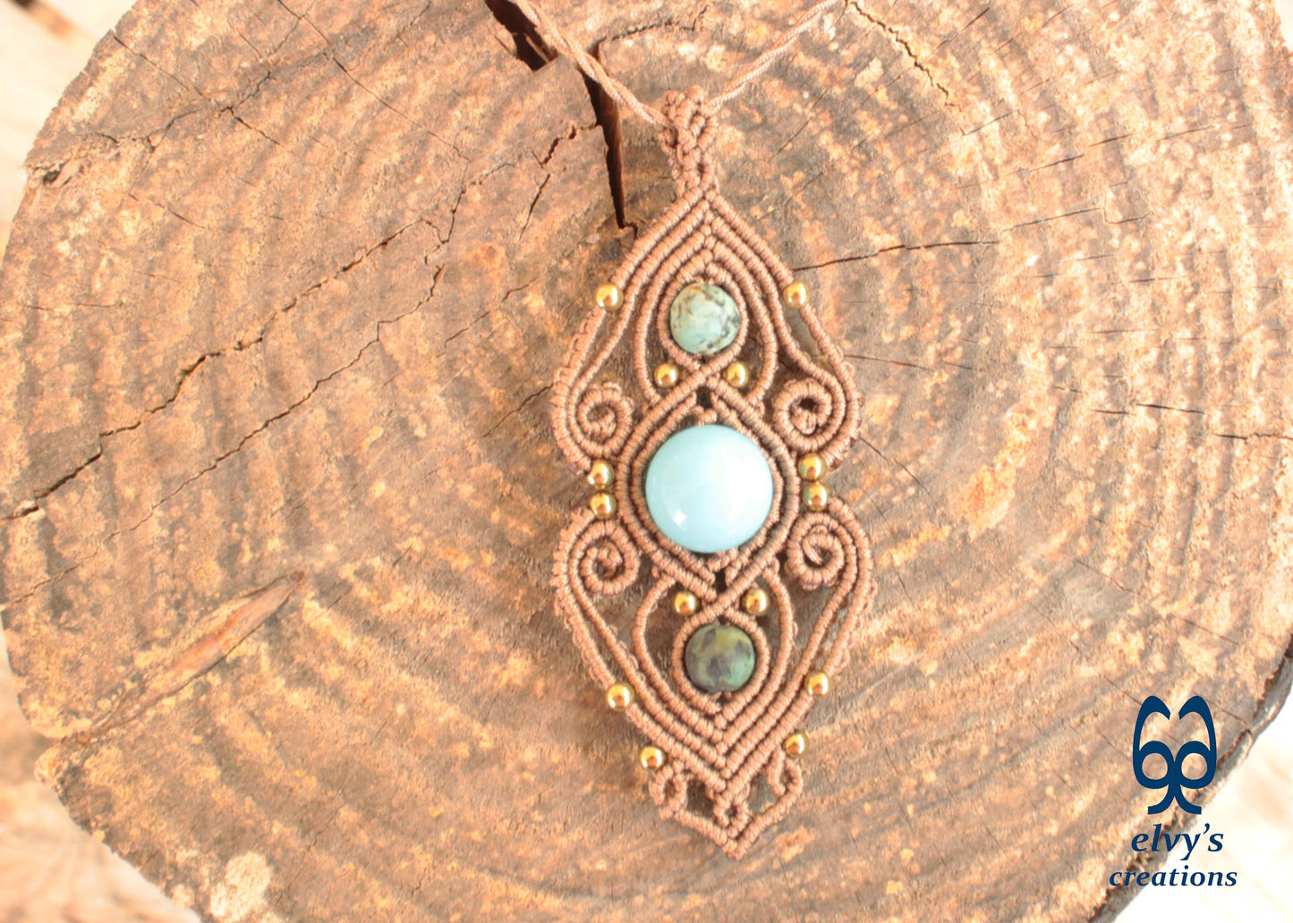 Rusty Gold Macrame Necklace with Turquoise Gemstones Gold Macrame Pendant