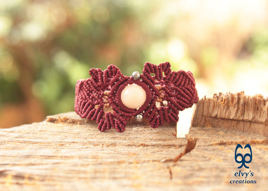 Red Macrame Bracelet with Pink Quartz Gemstone Adjustable Gemstone