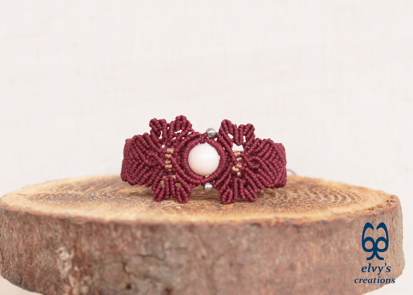 Red Macrame Bracelet with Pink Quartz Gemstone Adjustable Gemstone