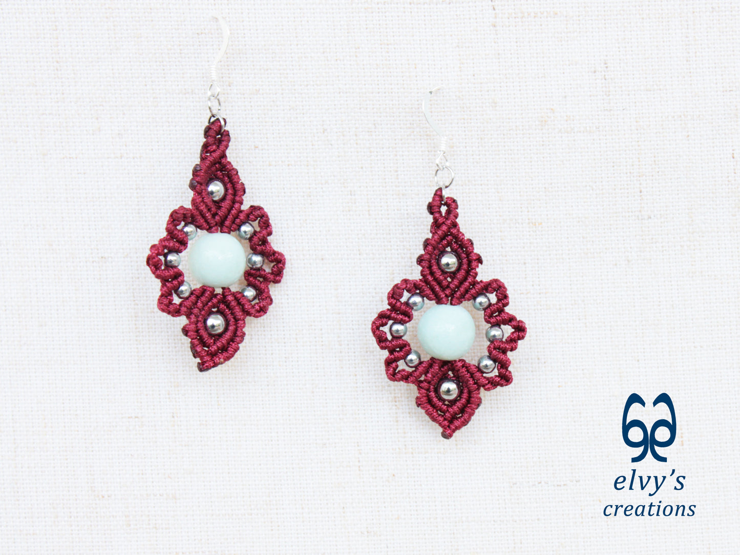 Handmade Dark Red Macrame Earrings with Silver Chalcedony Gemstones