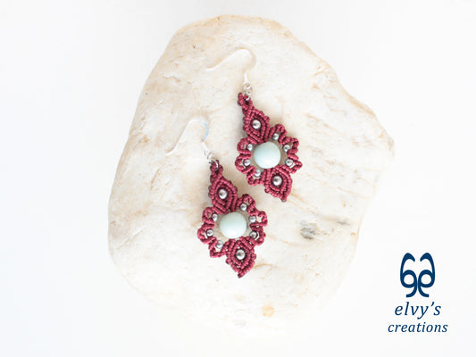 Handmade Dark Red Macrame Earrings with Silver Chalcedony Gemstones