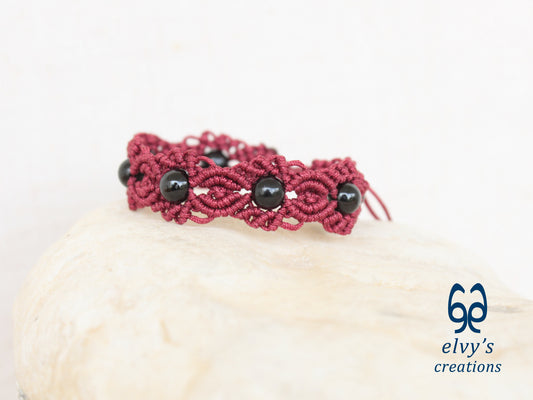 Handmade Macrame Bracelet, Black Onyx Gemstone Beaded Cuff, Unique Birthday Gift for Women or Men