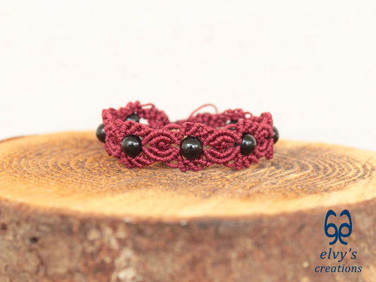 Handmade Macrame Bracelet, Black Onyx Gemstone Beaded Cuff, Unique Birthday Gift for Women or Men