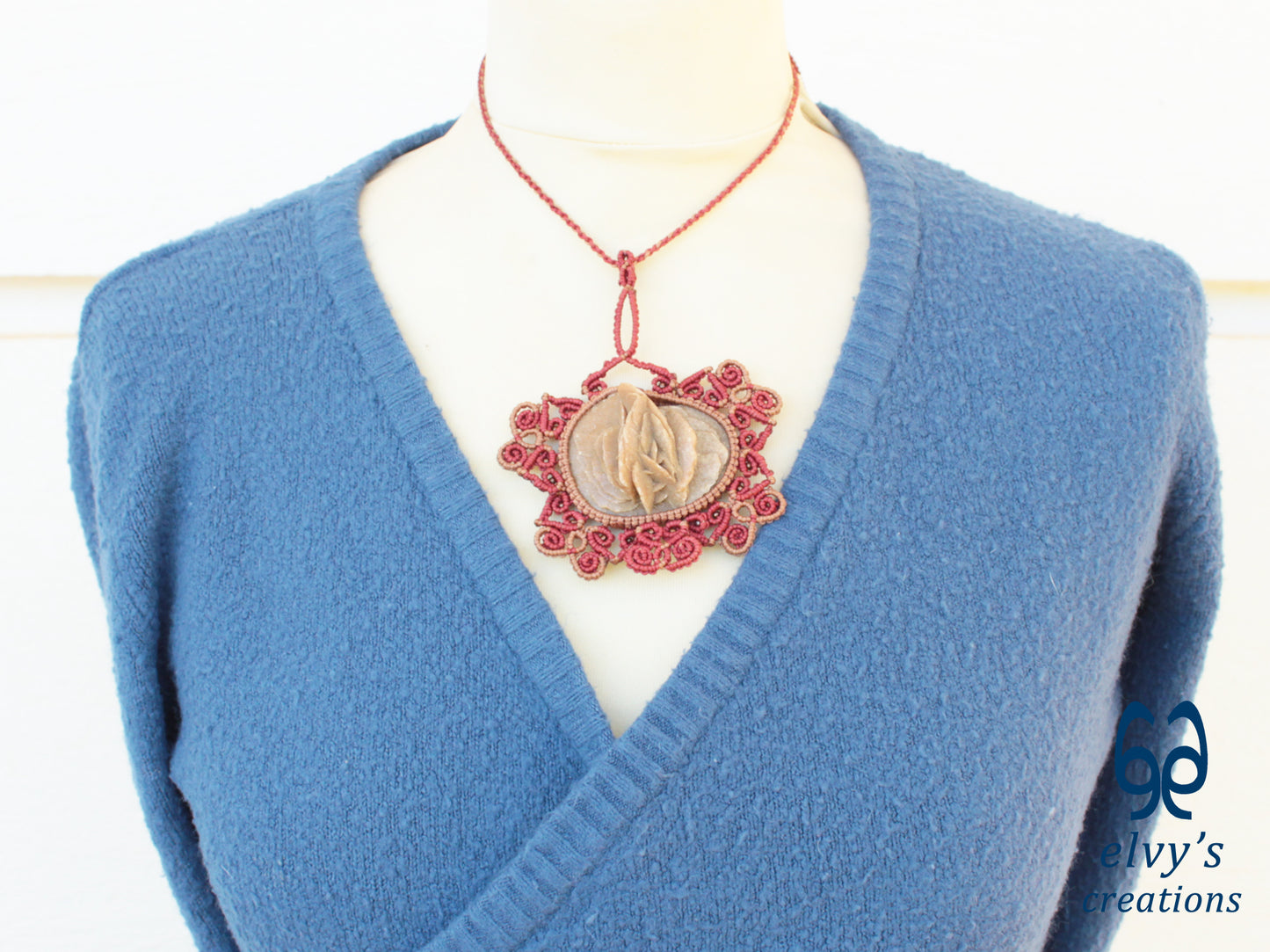 Handmade Bronze and Red Macrame Necklace with Desert Rose Gemstone Boho Gemstone Pendant