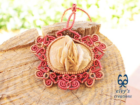 Handmade Bronze and Red Macrame Necklace with Desert Rose Gemstone Boho Gemstone Pendant