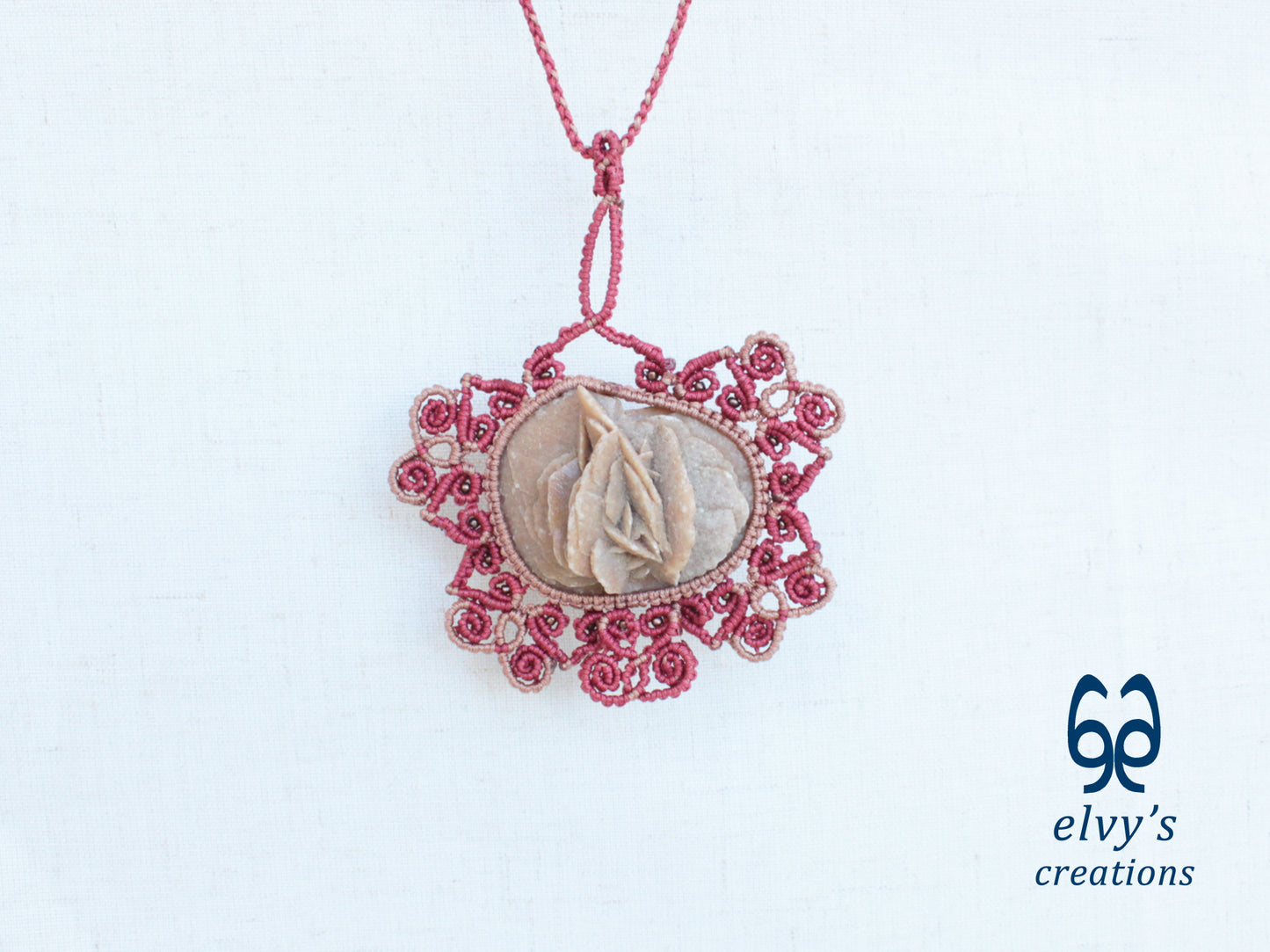 Handmade Bronze and Red Macrame Necklace with Desert Rose Gemstone Boho Gemstone Pendant
