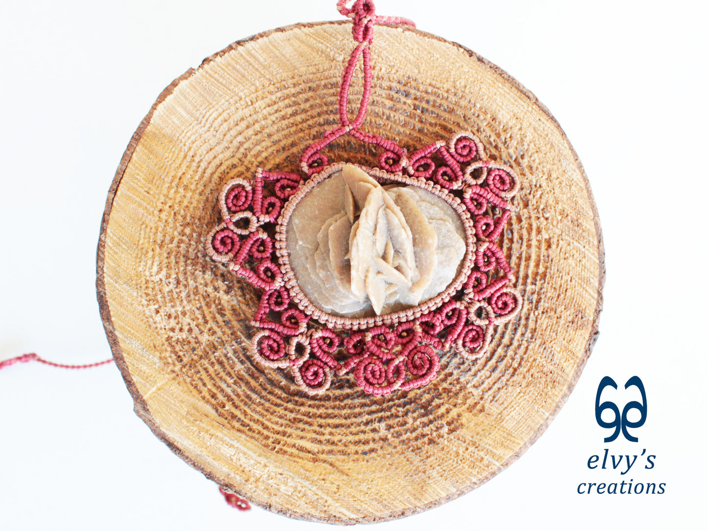 Handmade Bronze and Red Macrame Necklace with Desert Rose Gemstone Boho Gemstone Pendant