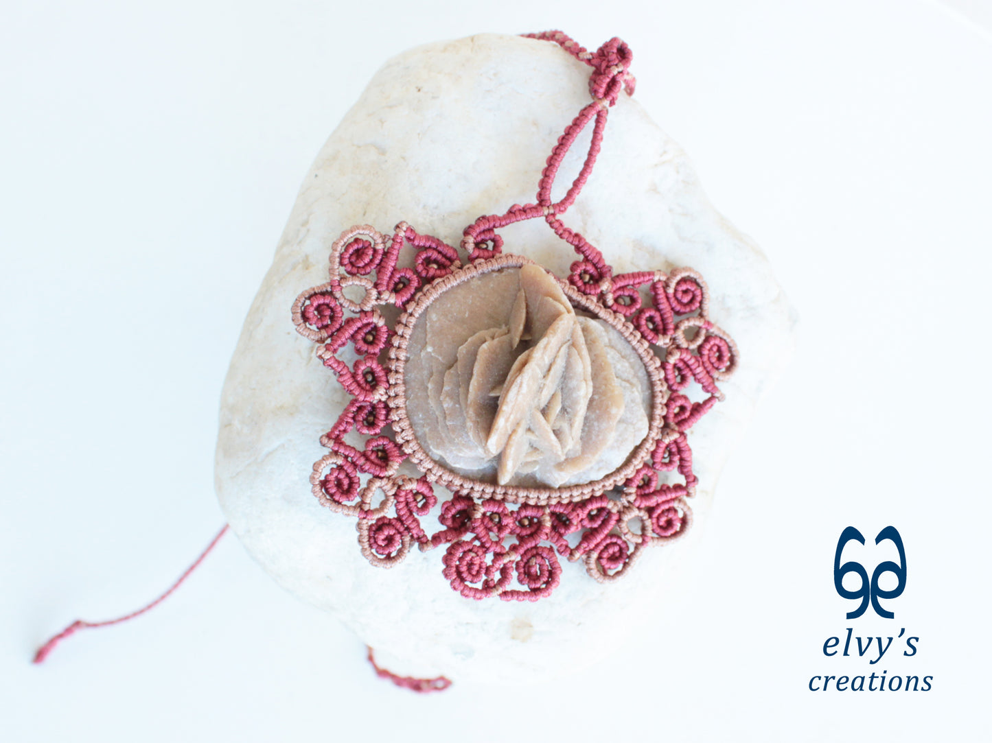 Handmade Bronze and Red Macrame Necklace with Desert Rose Gemstone Boho Gemstone Pendant
