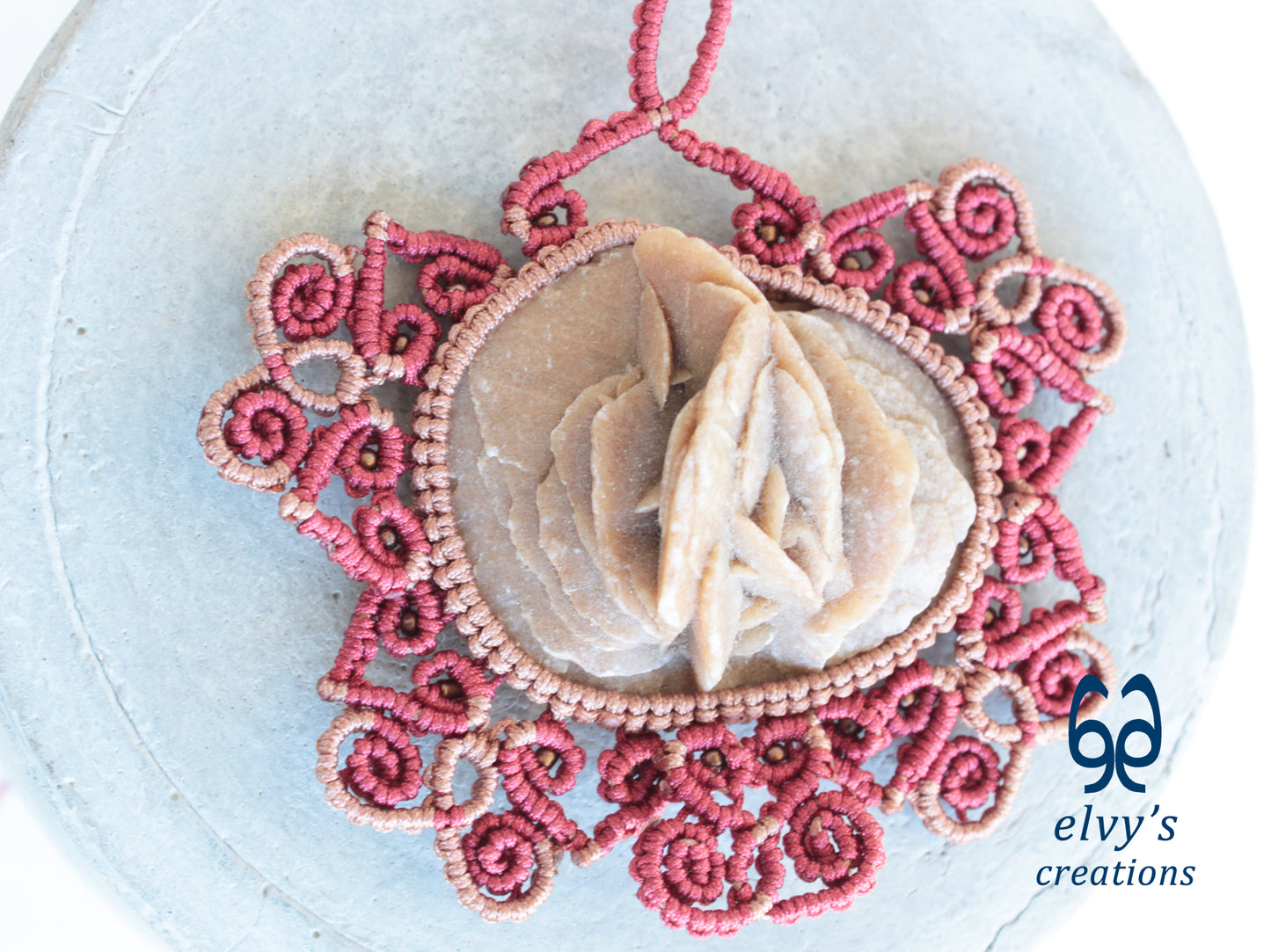 Handmade Bronze and Red Macrame Necklace with Desert Rose Gemstone Boho Gemstone Pendant