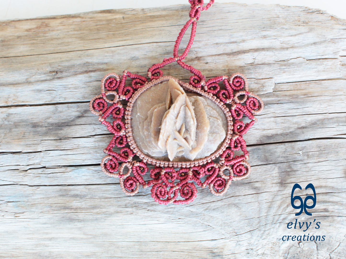 Handmade Bronze and Red Macrame Necklace with Desert Rose Gemstone Boho Gemstone Pendant