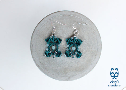 Emerald Green and Silver Macrame Silver Dangle with Aquamarine Healing Gemstones