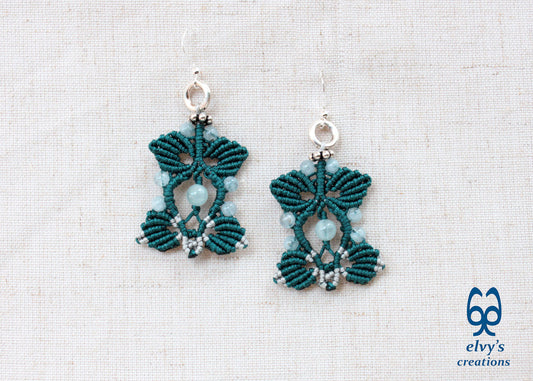 Emerald Green and Silver Macrame Silver Dangle with Aquamarine Healing Gemstones