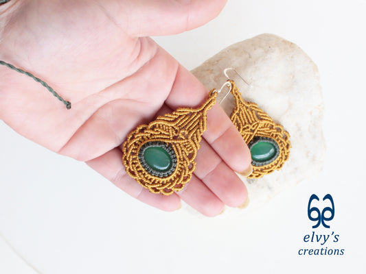 Gold Handmade Macrame Earrings with Green Aventurine Gemstones and Silver Boho Design