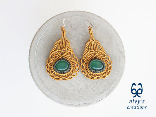 Gold Handmade Macrame Earrings with Green Aventurine Gemstones and Silver Boho Design