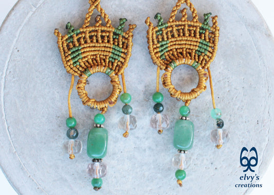 Handmade Gold Macrame Earrings with Green Fluorite Gemstones Dangle