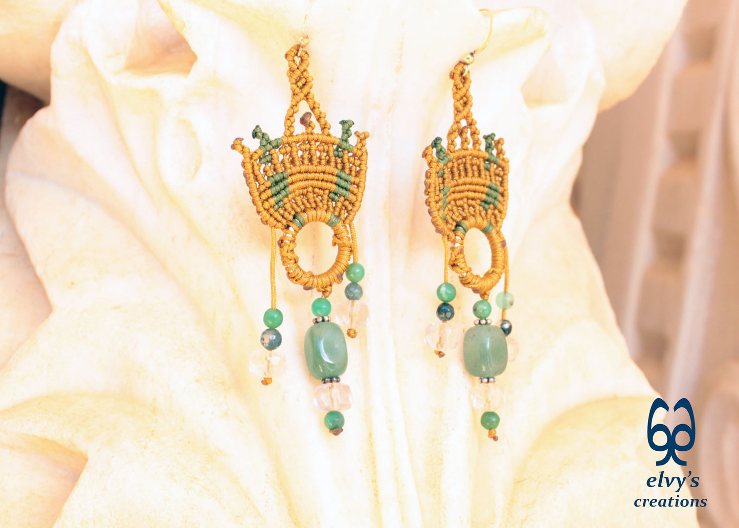 Handmade Gold Macrame Earrings with Green Fluorite Gemstones Dangle