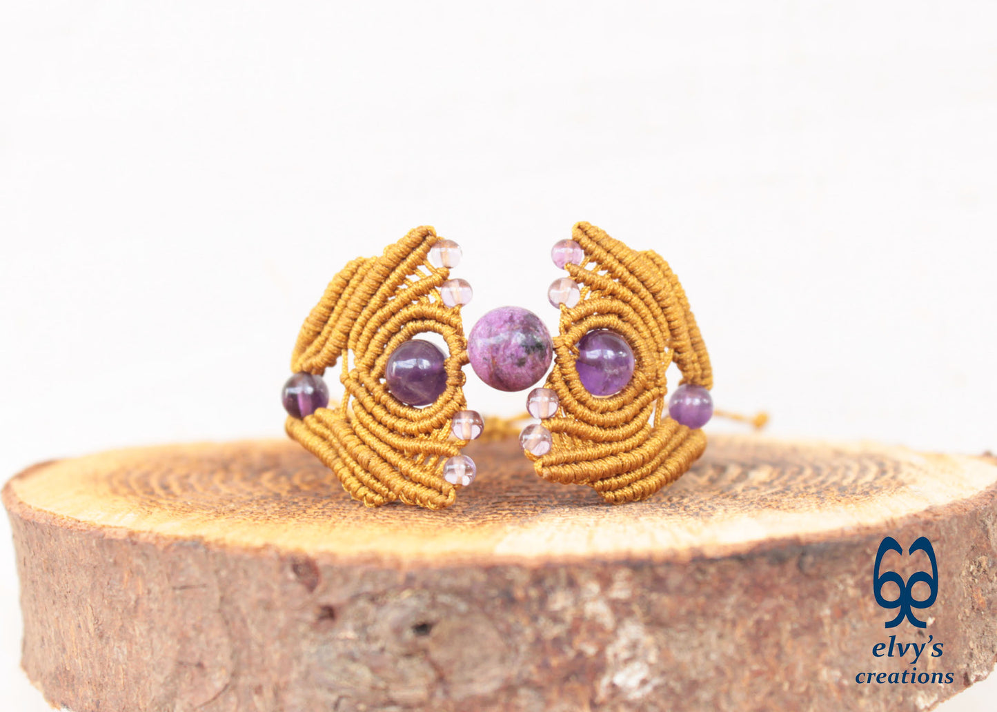 Gold Macrame Bracelet with Amethyst Gemstones