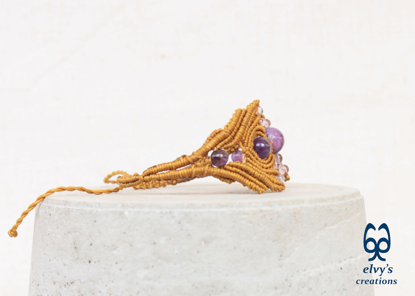 Gold Macrame Bracelet with Amethyst Gemstones