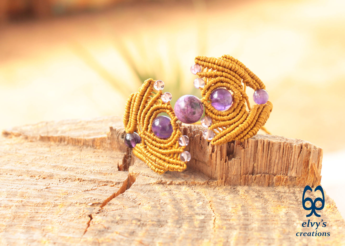Gold Macrame Bracelet with Amethyst Gemstones