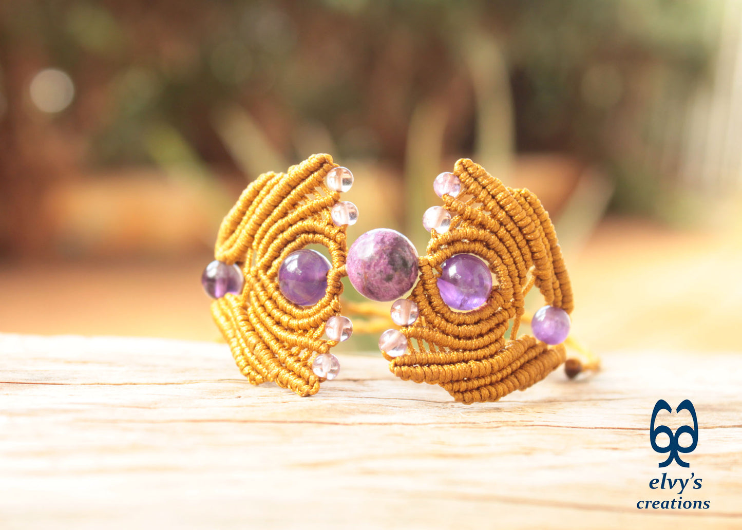 Gold Macrame Bracelet with Amethyst Gemstones