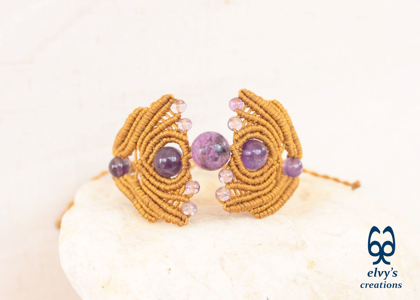 Gold Macrame Bracelet with Amethyst Gemstones