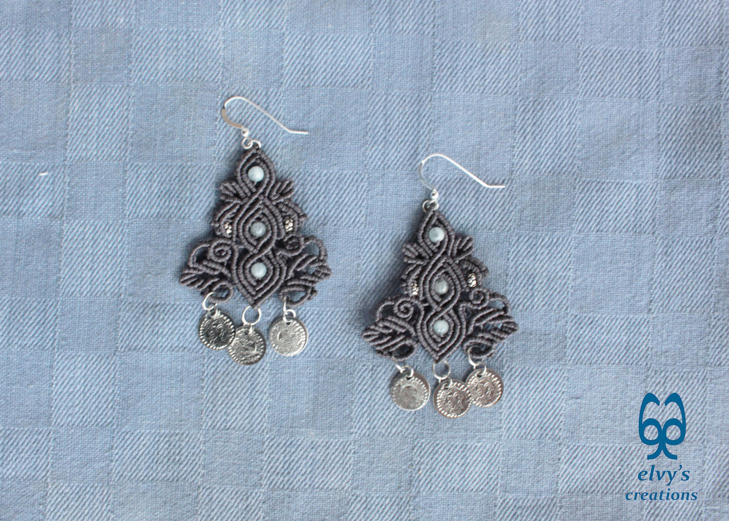 Gray Macrame Silver Earrings Dangle with Aquamarine Healing Gemstones Silver Coins