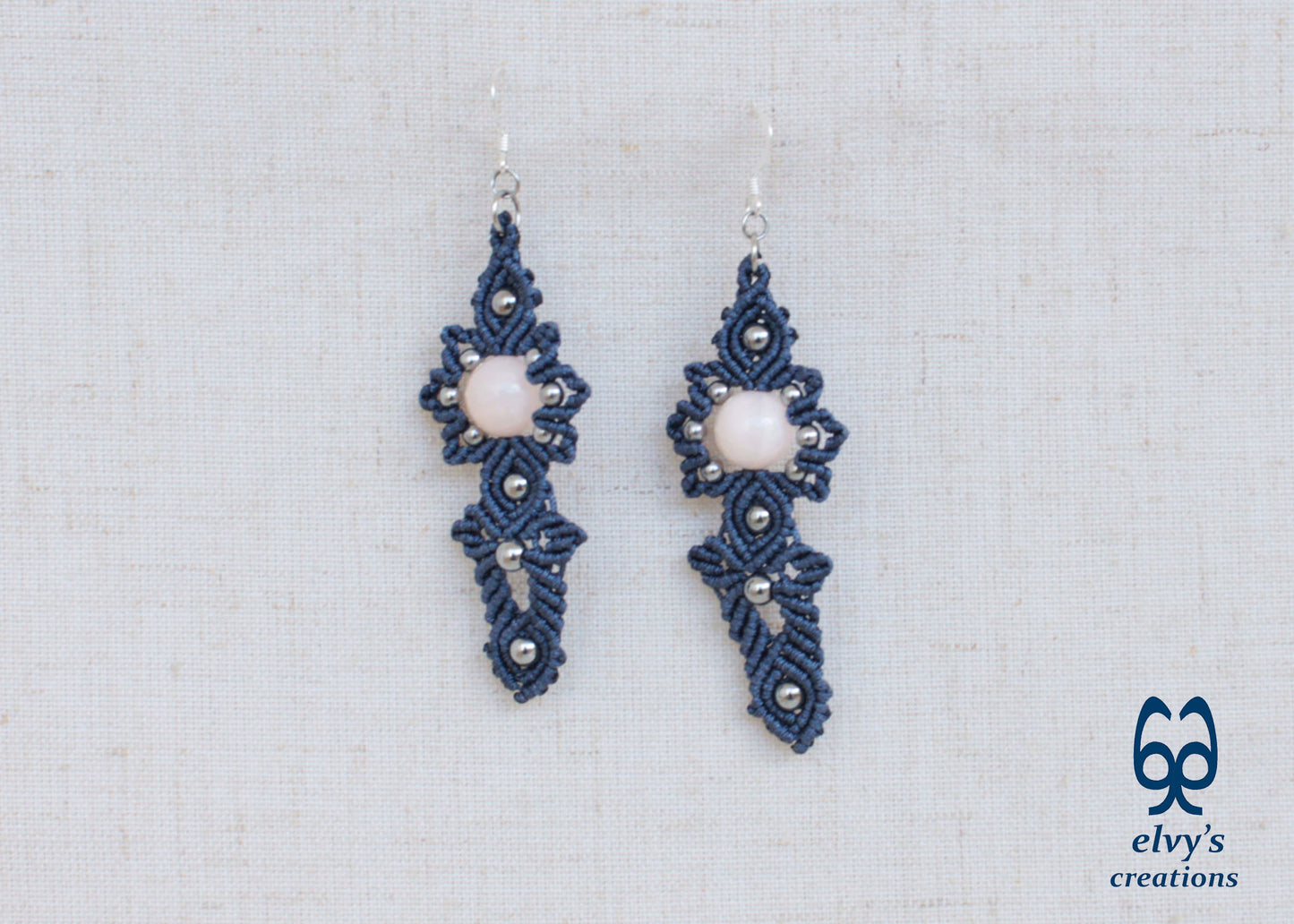 Gray Macrame Handmade Earrings with Pink Quartz and Hematite Gemstones
