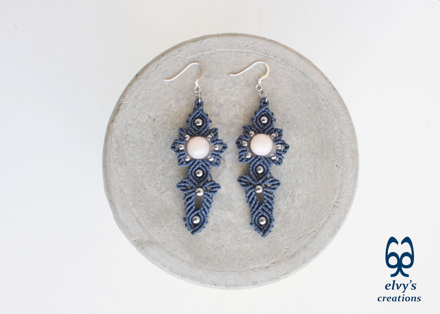 Gray Macrame Handmade Earrings with Pink Quartz and Hematite Gemstones