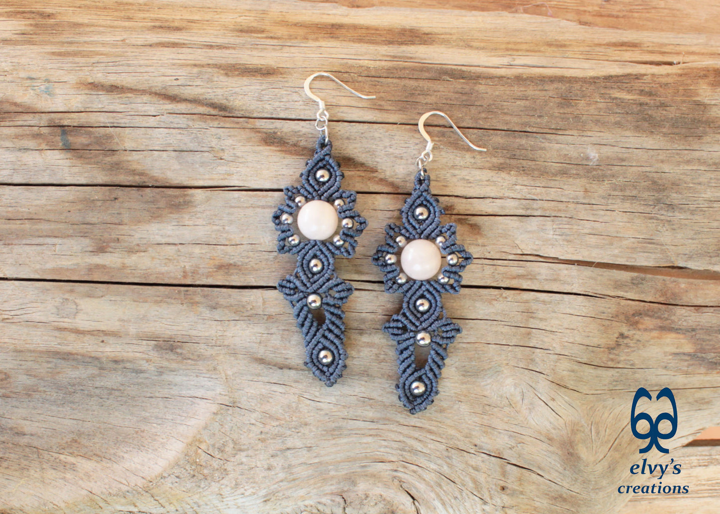 Gray Macrame Handmade Earrings with Pink Quartz and Hematite Gemstones