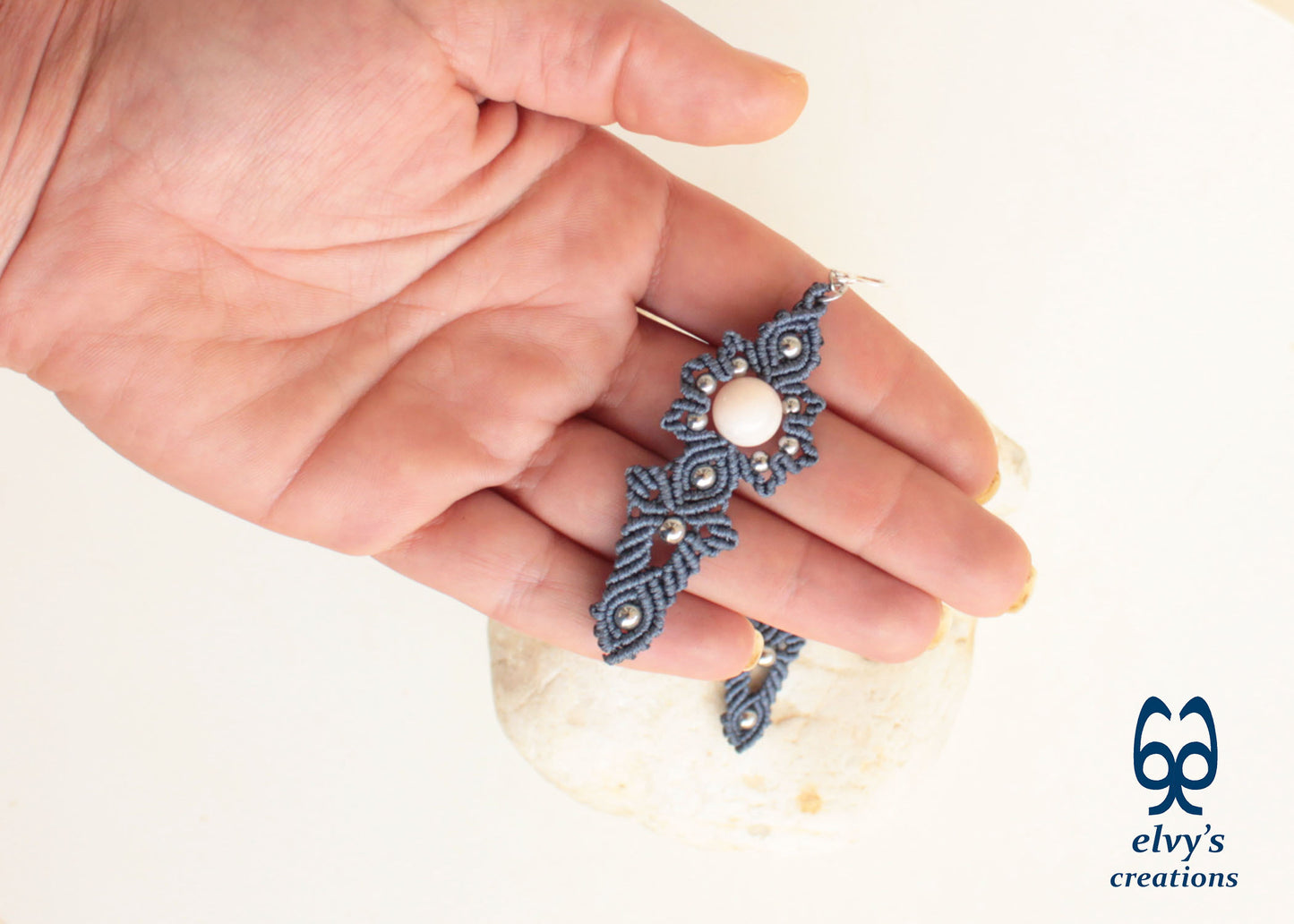 Gray Macrame Handmade Earrings with Pink Quartz and Hematite Gemstones