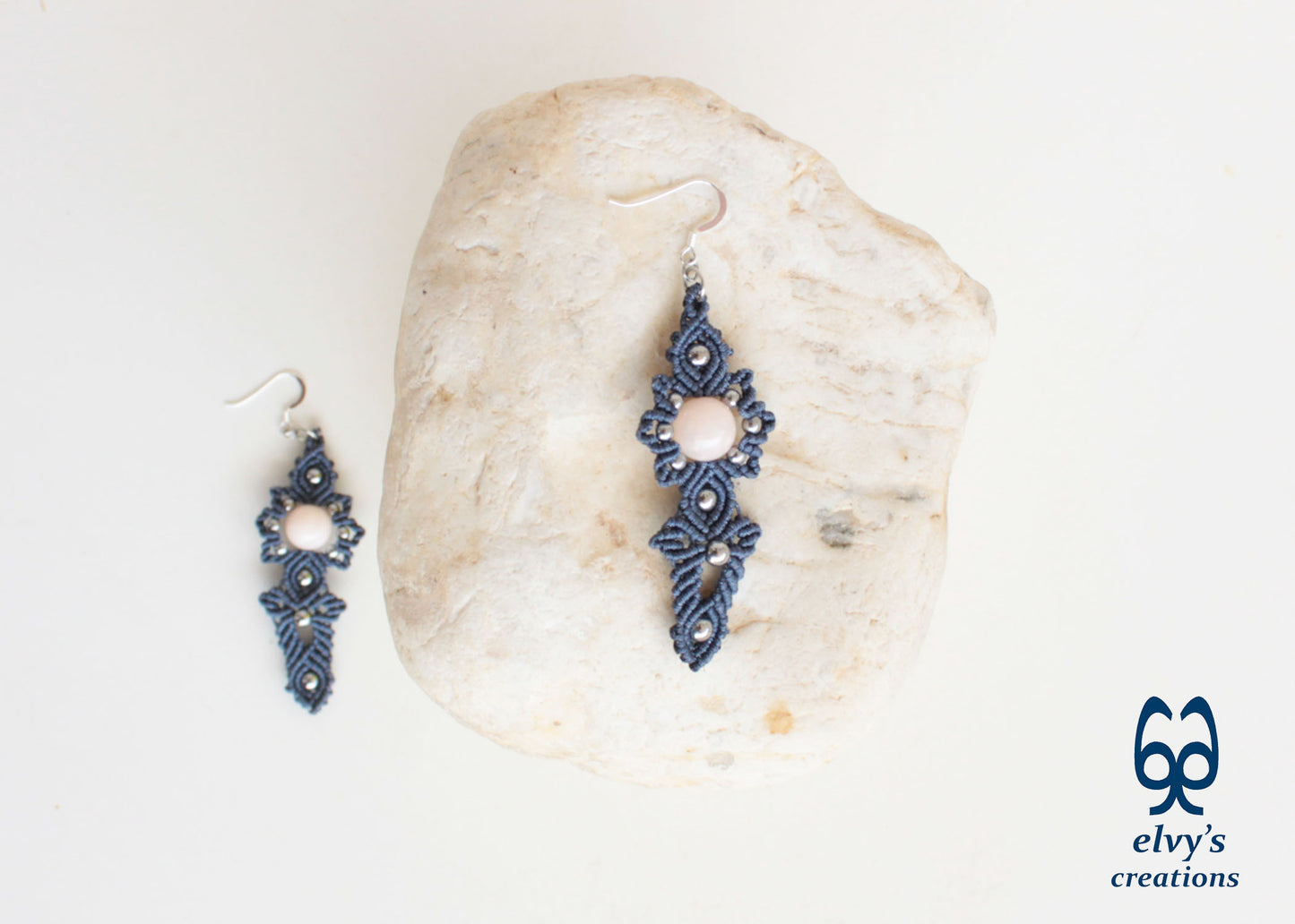 Gray Macrame Handmade Earrings with Pink Quartz and Hematite Gemstones