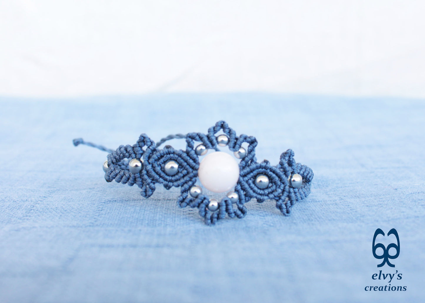 Gray Macrame Bracelet with Pink Quartz Gemstone Adjustable Gemstone