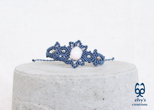 Gray Macrame Bracelet with Pink Quartz Gemstone Adjustable Gemstone