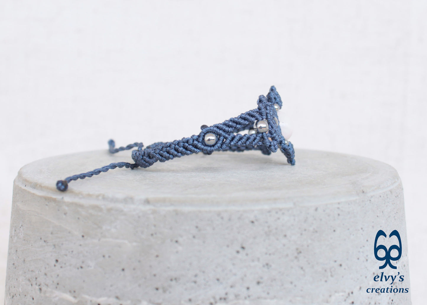 Gray Macrame Bracelet with Pink Quartz Gemstone Adjustable Gemstone