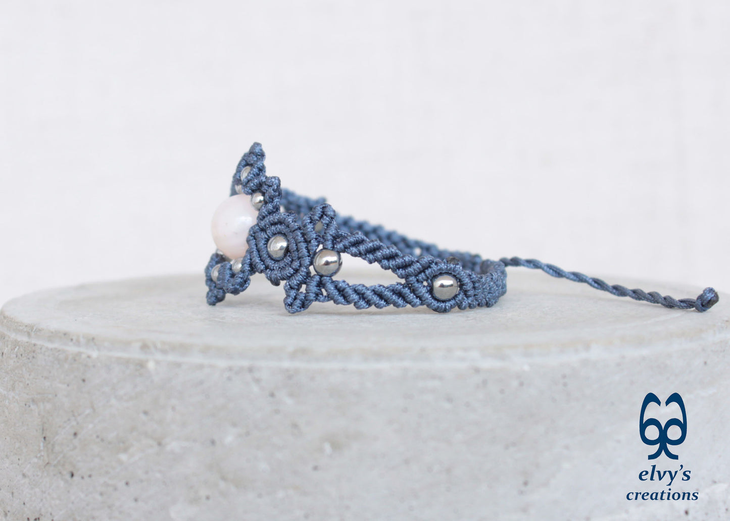 Gray Macrame Bracelet with Pink Quartz Gemstone Adjustable Gemstone