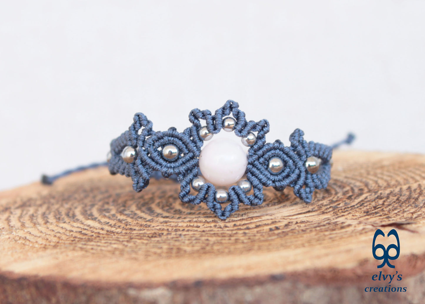 Gray Macrame Bracelet with Pink Quartz Gemstone Adjustable Gemstone