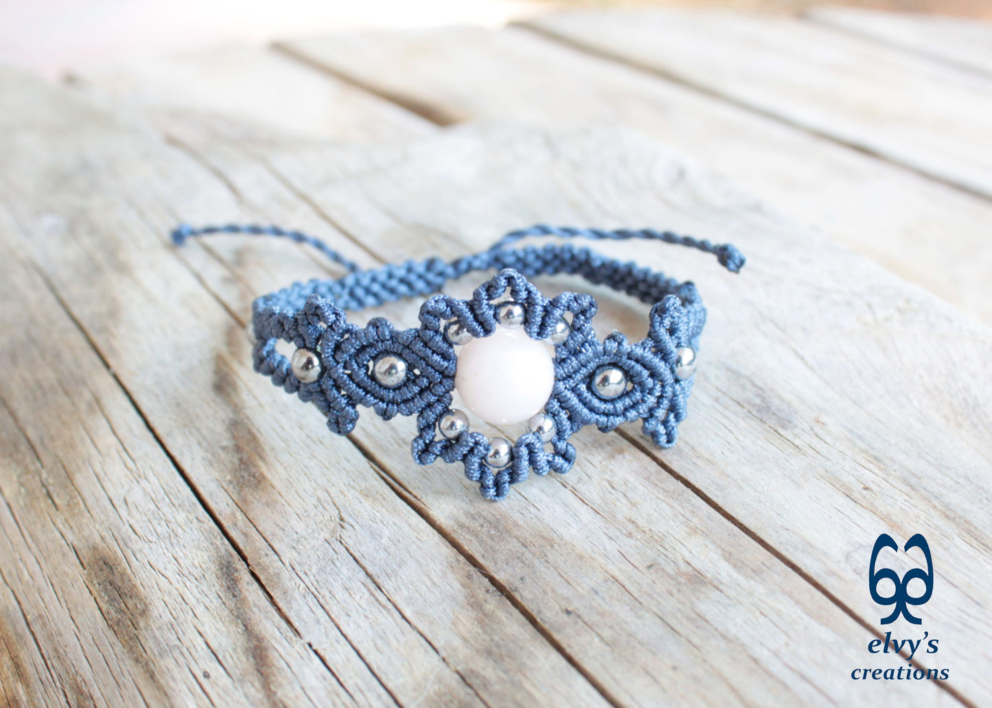 Gray Macrame Bracelet with Pink Quartz Gemstone Adjustable Gemstone