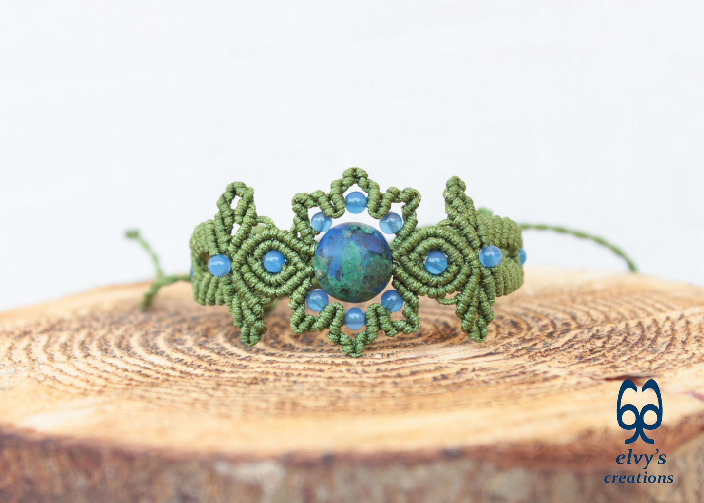 Handmade Green Macrame Bracelet with Azurite Adjustable Boho Cuff