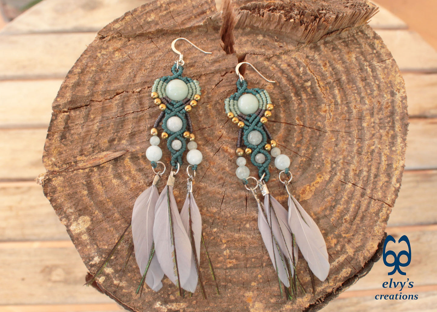 Gray Macrame Earrings with Aquamarine Gemstones, Handmade Silver Earrings with Turquoise Feathers