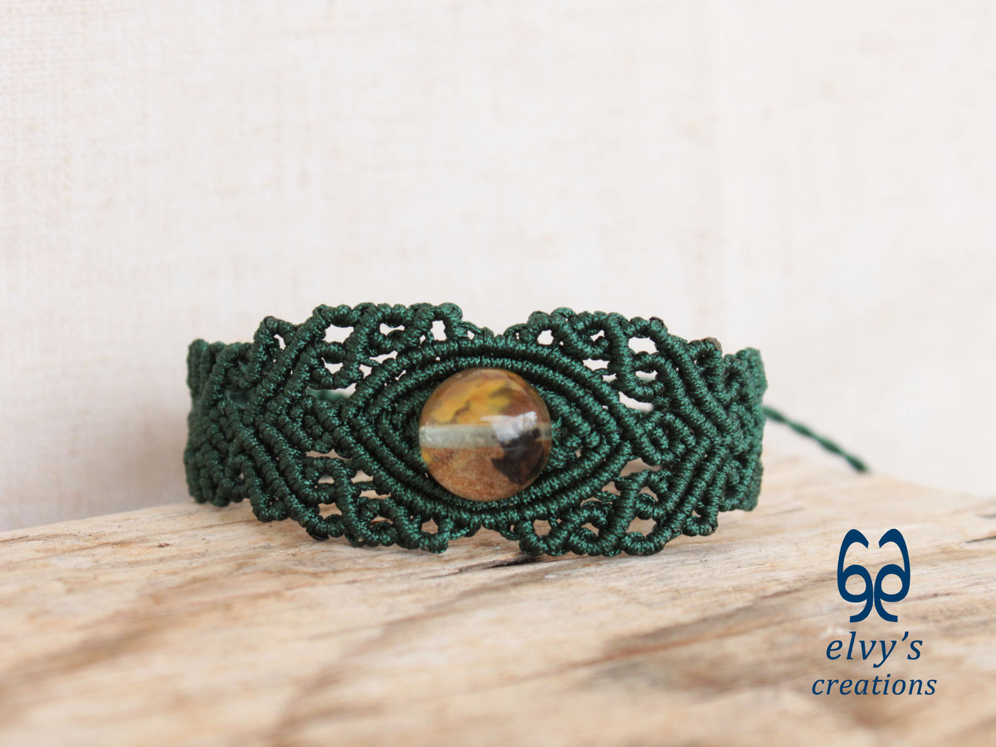 Green Macrame Bracelet with Crystal Quartz Gemstone, Handmade Unique Birthday Gift for Women
