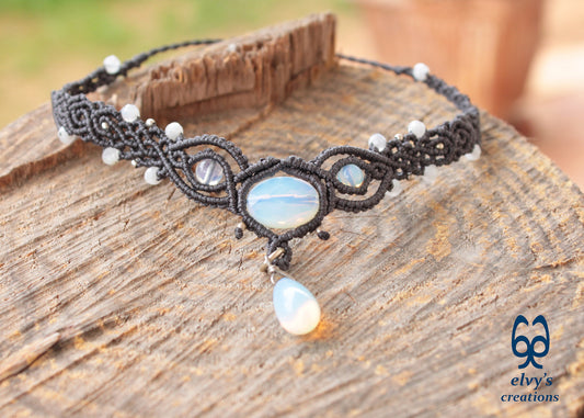 Handmade Grey Macrame Necklace with Moonstones, Adjustable Choker
