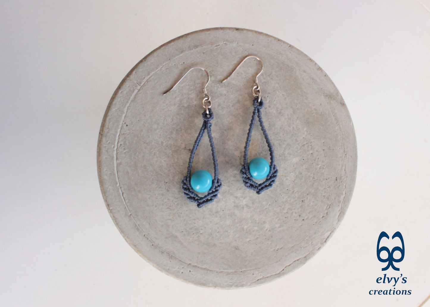 Blue Macrame Earrings Handmade Silver Earrings with Turquoise Gemstones
