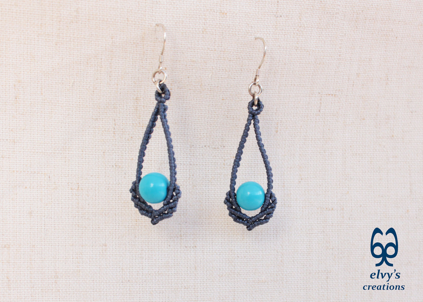 Blue Macrame Earrings Handmade Silver Earrings with Turquoise Gemstones