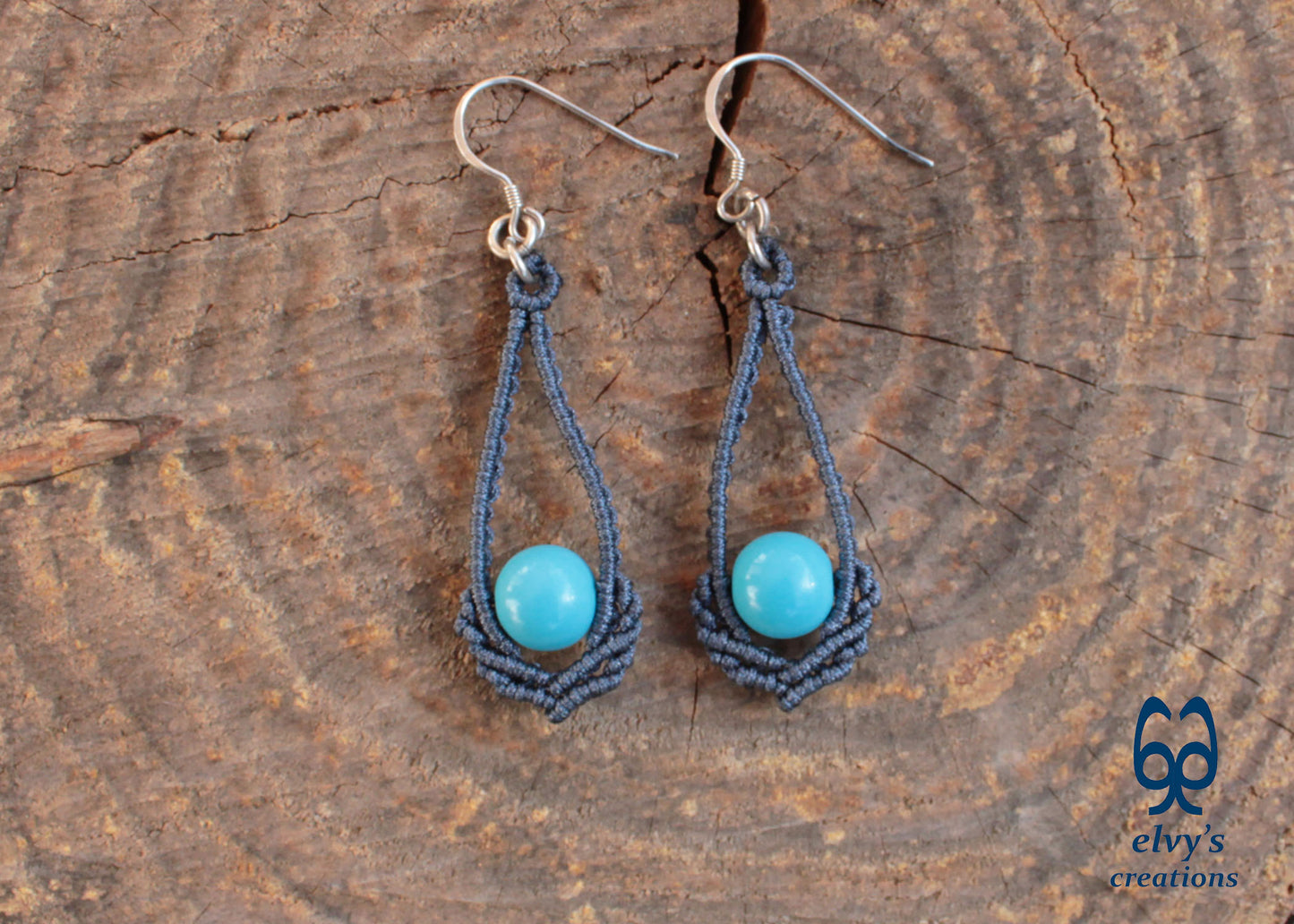 Blue Macrame Earrings Handmade Silver Earrings with Turquoise Gemstones