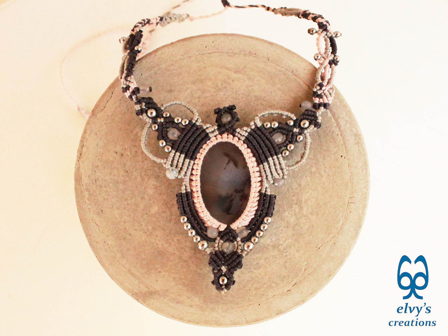 Handmade Grey Macrame Choker Necklace with Agate Gemstones Adjustable Lace Boho Necklace