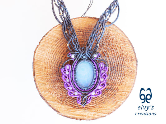 Purple and Grey Handmade Macrame Necklace with Moonstone Gemstones, Boho Purple Necklace