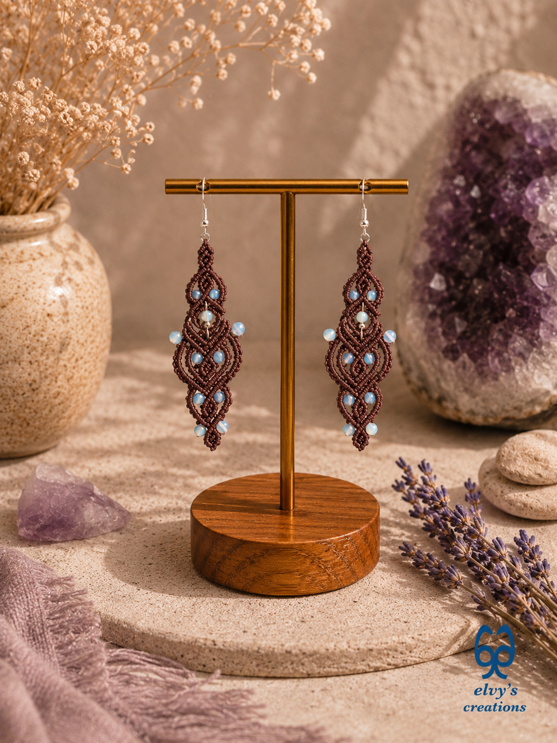 Brown Macrame Earrings with Moonstones Brown Lace Rainbow Moonstone Gemstones Boho Macrame Earrings