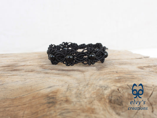 Handmade Macrame Bracelet, Black Onyx Gemstone Beaded Cuff, Unique Birthday Gift for Women or Men
