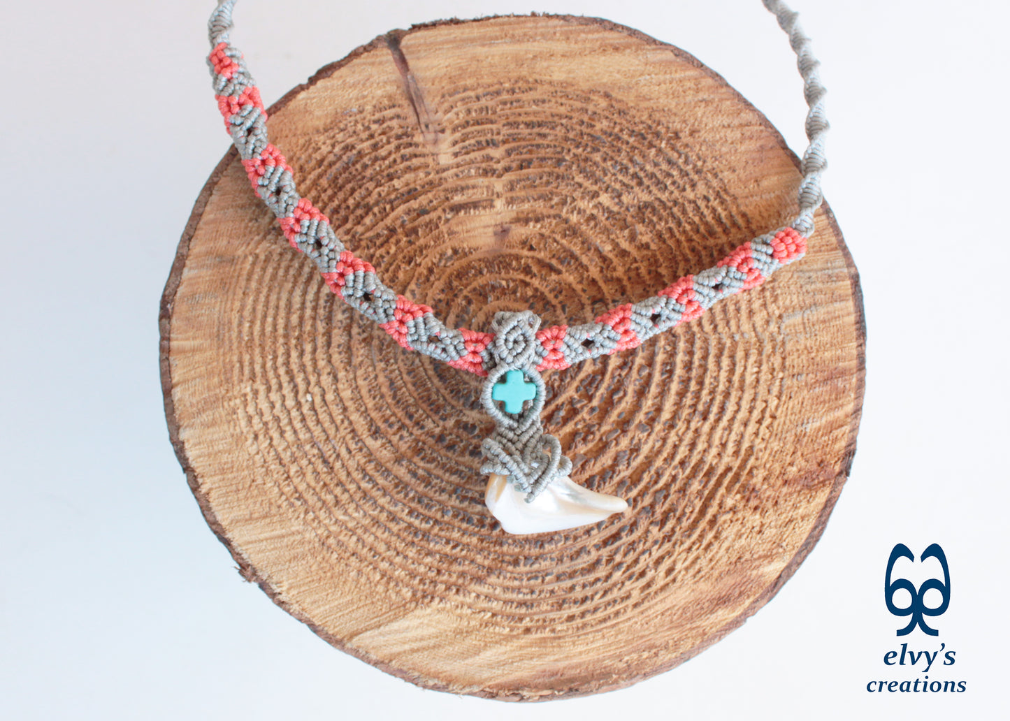 Orange Handmade Silver Macrame Necklace with Hematite and Pearl Shell