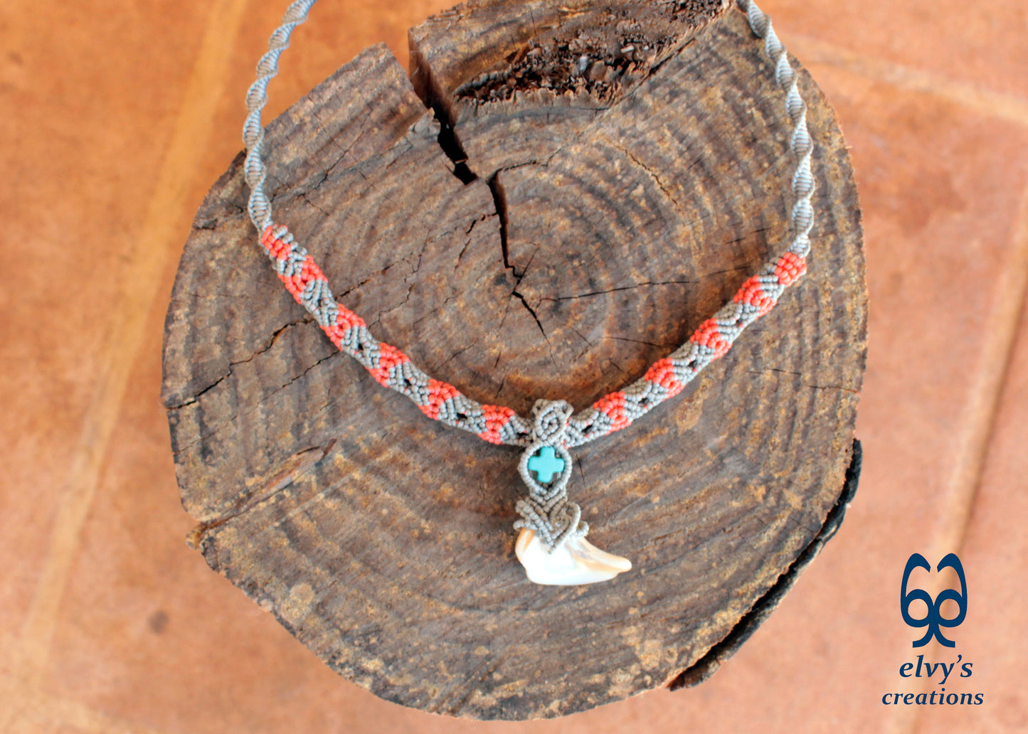 Orange Handmade Silver Macrame Necklace with Hematite and Pearl Shell